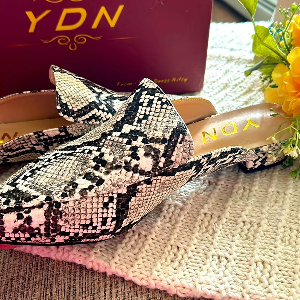Brand new, never worn, YDNsnake print  mules